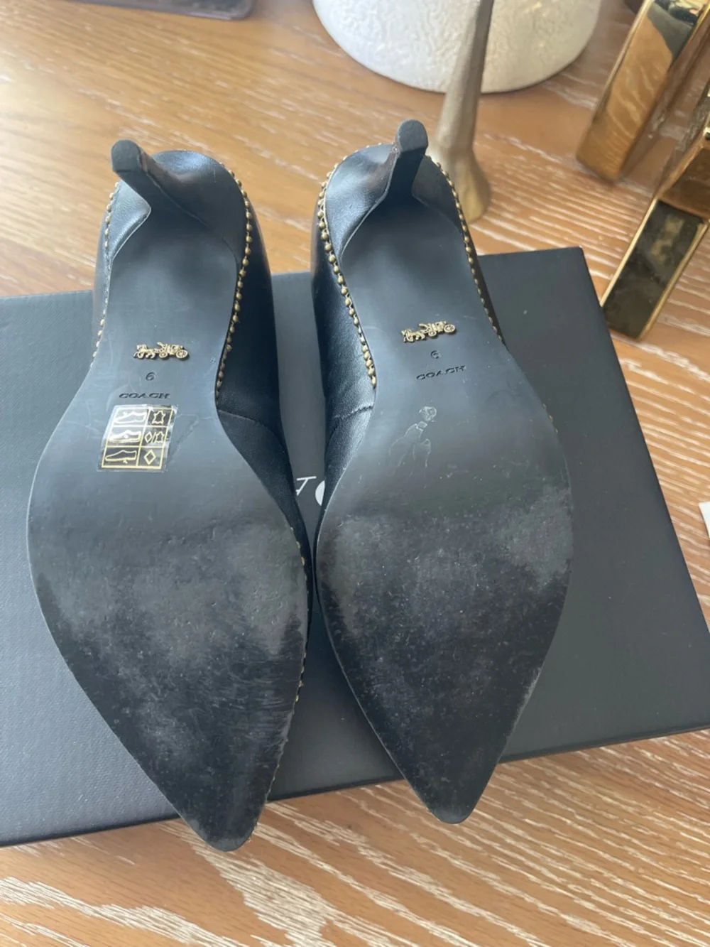 Coach Black Leather Pointed-Toe Pumps with Gold Stud Trim - Picture 4 of 4